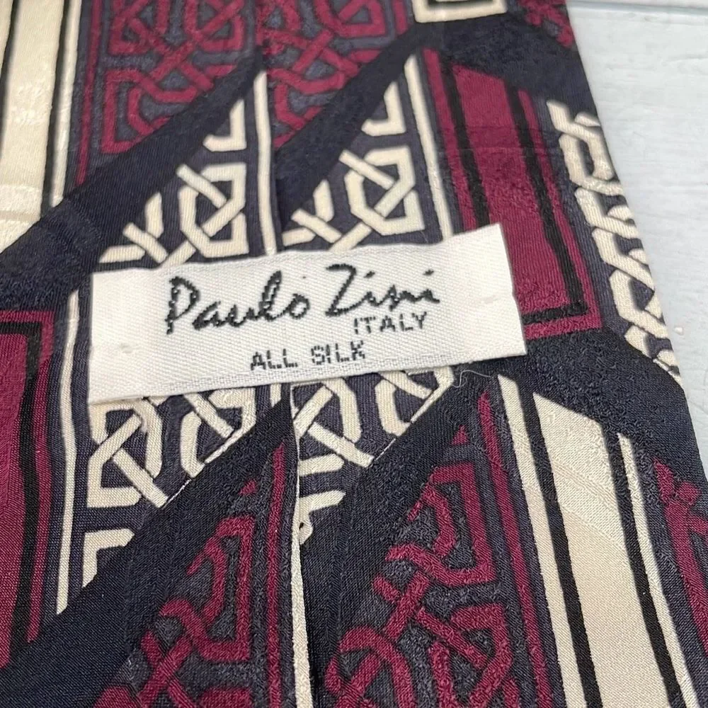 Vintage Paulo Zini Silk Ties For Mens Black Maroon Greecian‎ Geometric Italy